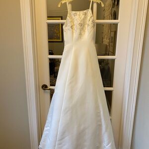 Elegant White Satin Gown with Embroidery